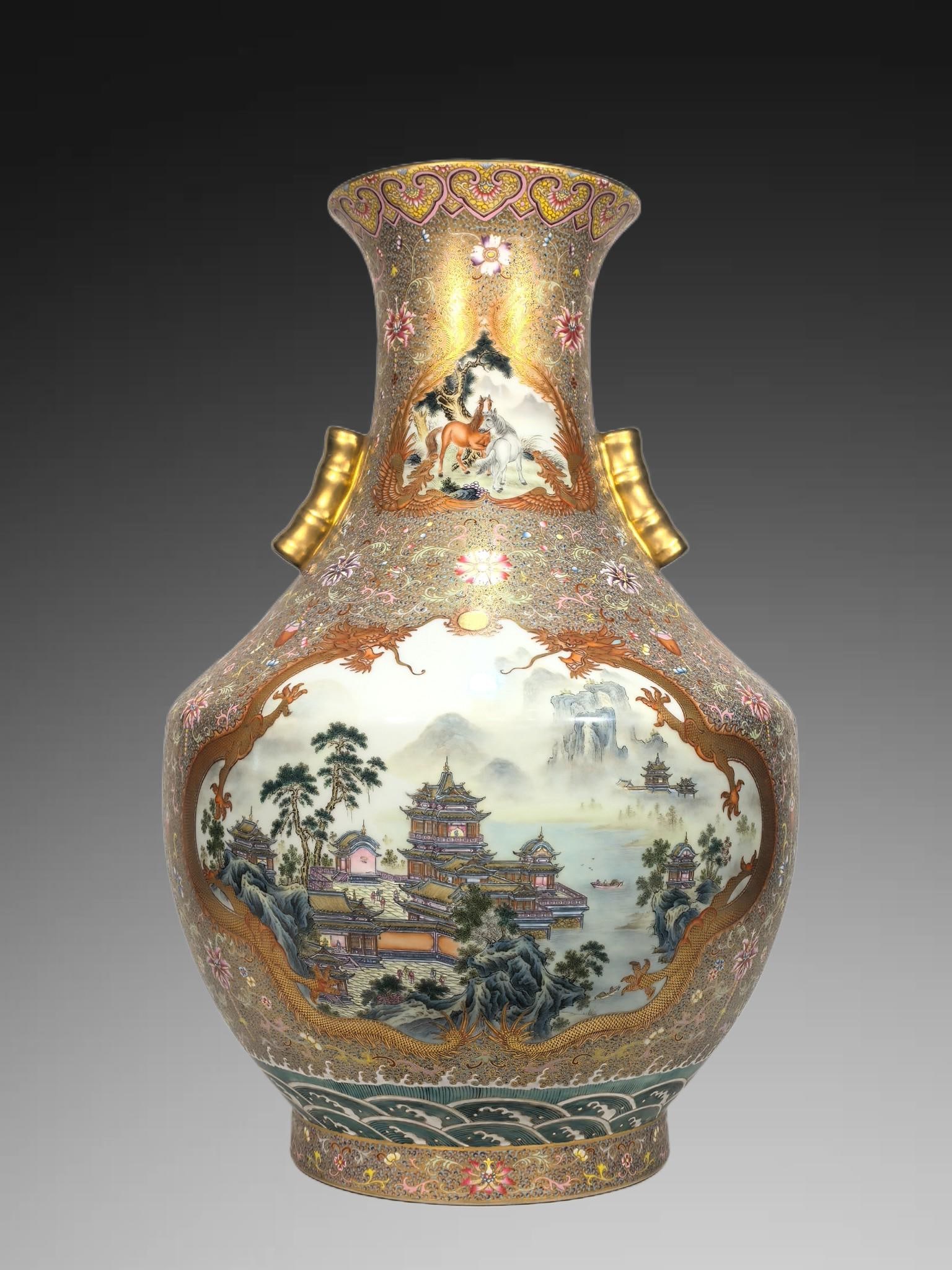 An Exquisite Enamel Gold Ground Landscape Pattern Double-Ears Vase: An Exquisite Enamel Gold Ground Landscape Pattern Double-Ears Vase,Qing Dynasty, China,Qianlong Six-character Mark,Size:22.4inx15in 珐琅彩金地山水纹