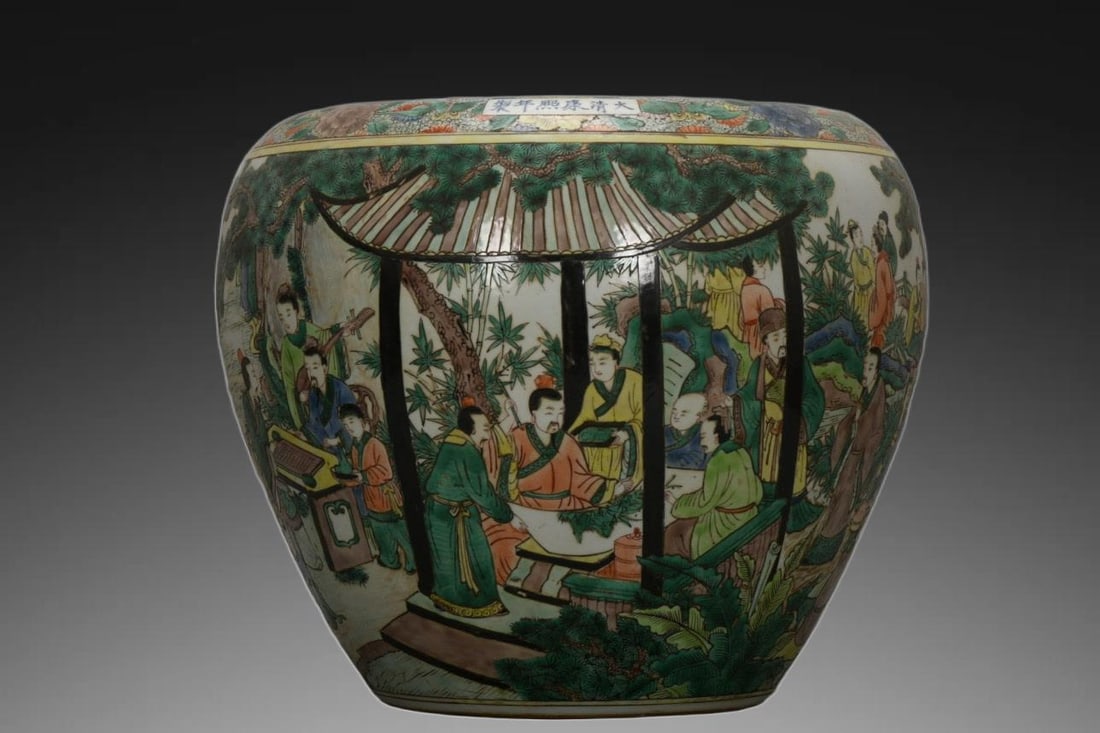 An Exquisite Wucai Character and Story Pattern Vat: An Exquisite Wucai Character and Story Pattern Vat,Qing Dynasty, China,Kangxi Six-character Mark,Size:15.7inx11.8inx19.3in 五彩人物故事纹缸,中