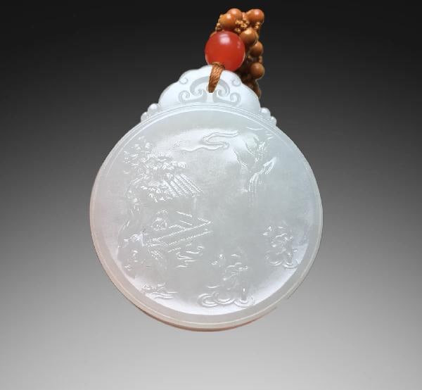 An Exquisite Hotan Jade Landscape Pattern Plaque: An Exquisite Hotan Jade Landscape Pattern Plaque,Qing Dynasty, China,Size:2.2inx1.8inx0.4in,Weight:47g 和田玉山水纹牌,中国清代