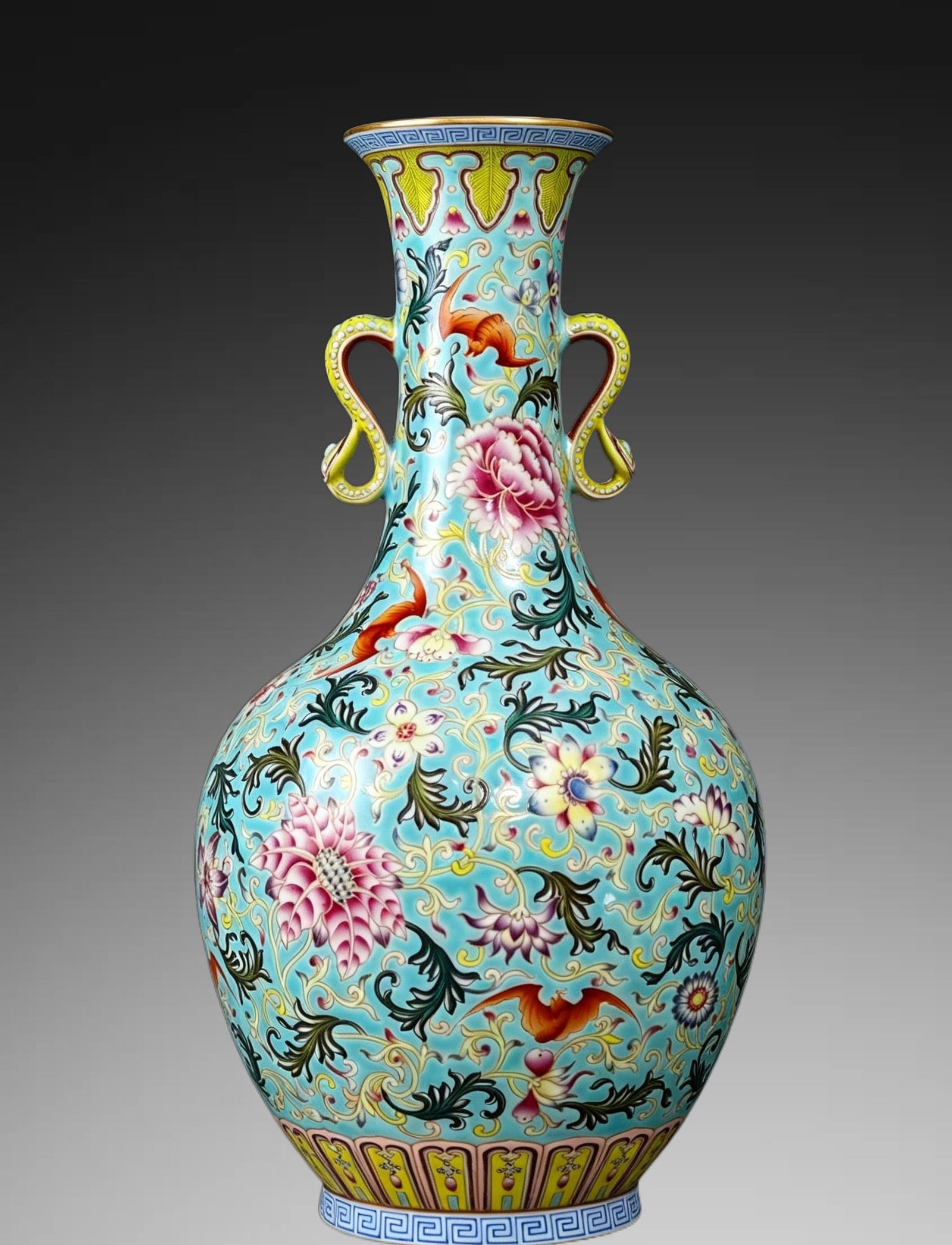 An Exquisite Famille-Rose Painted Gold Lotus Pattern Double-Ears Vase: An Exquisite Famille-Rose Painted Gold Lotus Pattern Double-Ears Vase,Qing Dynasty, China,Jiaqing Six-character Mark,Size:16.1inx8.7in 粉彩描金缠枝莲纹&