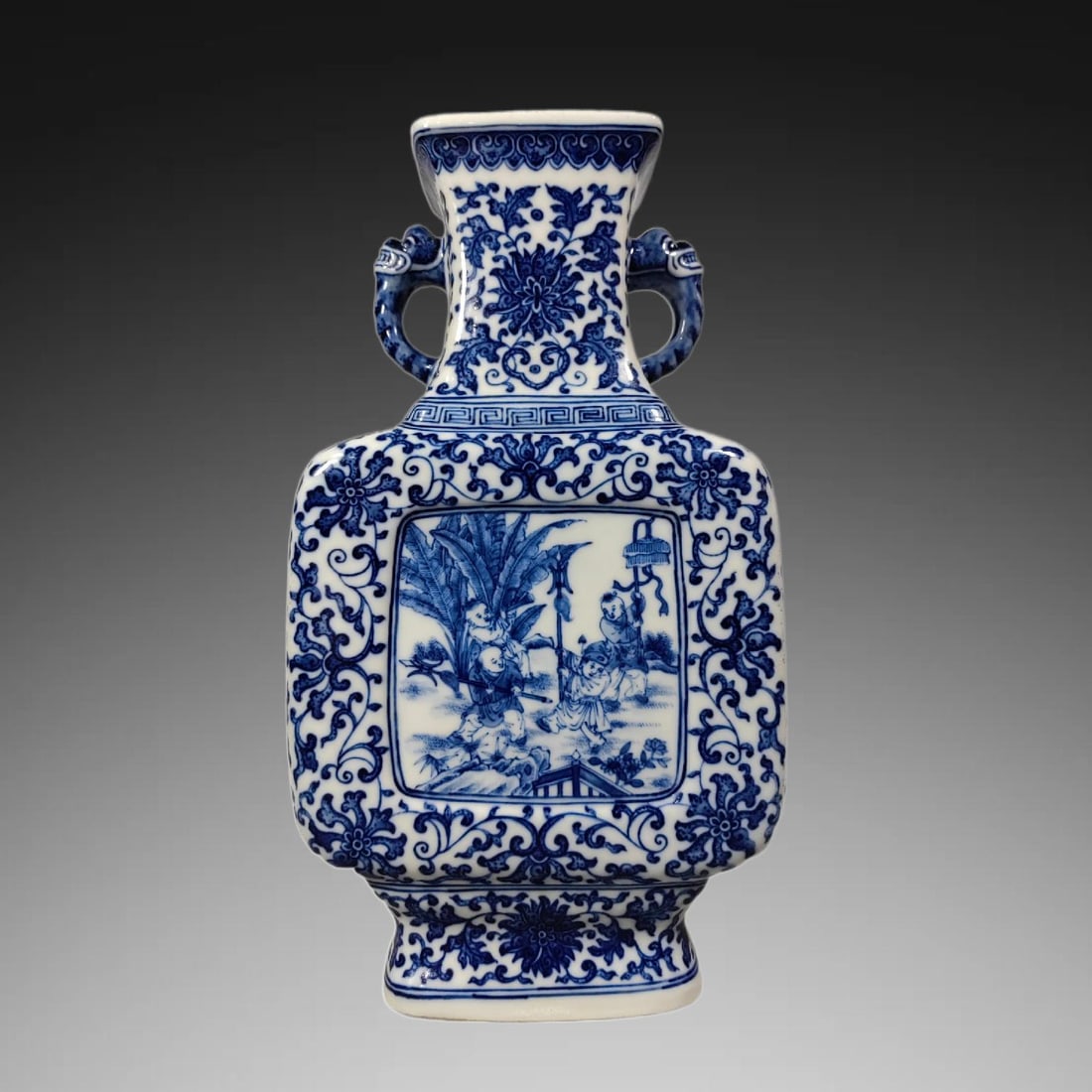 An Exquisite Blue and White Figures Pattern Double-Ears Vase: An Exquisite Blue and White Figures Pattern Double-Ears Vase,Qing Dynasty, China,Yongzheng Six-character Mark,Size:5.9inx3.3inx10.8in 青花人物纹双耳瓶,&