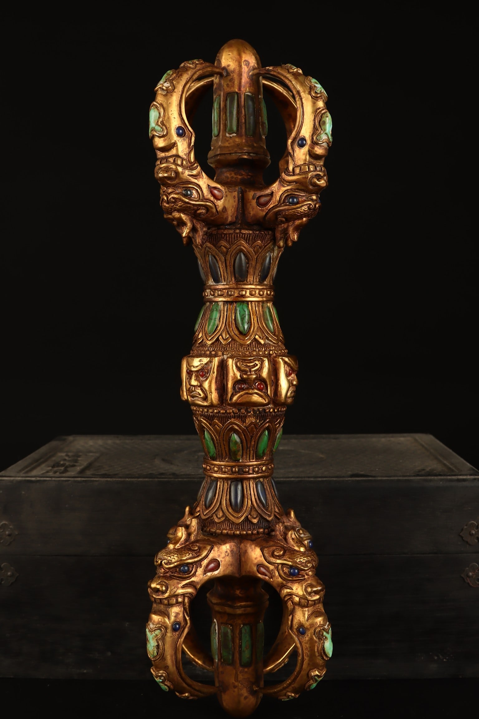 An Exquisite Gilt Bronze Inlaid Gems Ritual Tool: An Exquisite Gilt Bronze Inlaid Gems Ritual Tool,Qing Dynasty,China,Size: 3.3inx13.2in,Weight: 3395g 铜鎏金镶嵌宝石法器,中国清&#