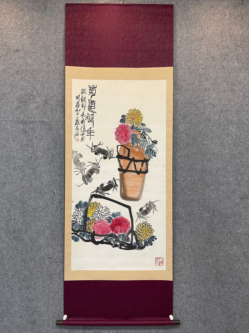 A Chinese Vertical Scroll Ink Painting of Flowers on Paper: A Chinese Vertical Scroll Ink Painting of Flowers on Paper,Modern Time of China,Qi Baishi,without frame size:27.6inx55.1in 一幅中国水墨纸本花Õ