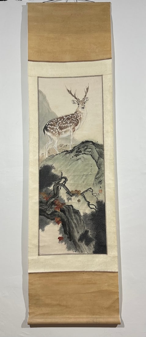A Chinese Vertical Scroll Ink Painting of Sika Deer on Paper: A Chinese Vertical Scroll Ink Painting of Sika Deer on Paper,Modern Time of China,Liu Kuiling,without frame size:91.7inx22in