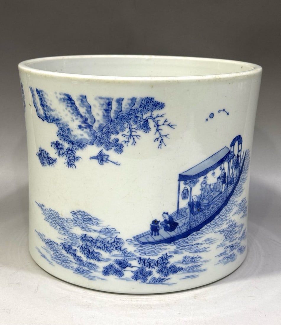 An Exquisite Blue and White Landscape Pattern Brush Pot: An Exquisite Blue and White Landscape Pattern Brush Pot,Qing Dynasty, China,Kangxi Six-character Mark,Size:6.3inx7.7in 青花山水纹笔筒,中国清