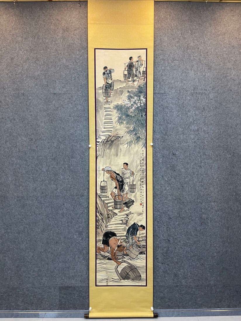 A Chinese Vertical Scroll Ink Painting of Figures on Paper: A Chinese Vertical Scroll Ink Painting of Figures on Paper,Modern Time of China,Xu Beihong,without frame size:21.7inx96.5in 一幅中国水墨纸本人