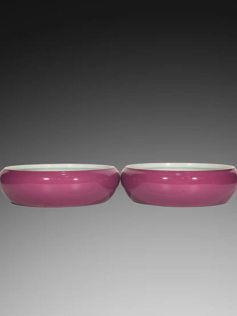 A pair of Exquisite Famille-Rose Ruby Red-Glazed Flower and Bird Pattern Brush Washer: A pair of Exquisite Famille-Rose Ruby Red-Glazed Flower and Bird Pattern Brush Washer,Qing Dynasty, China,Yongzheng Six-character Mark,Size:2.8inx9.4in