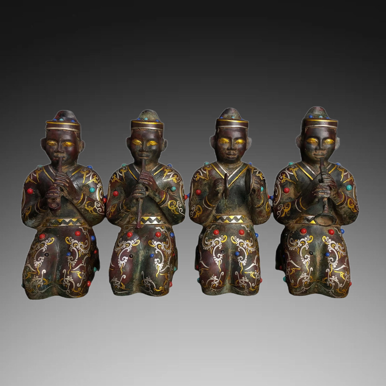 A Set of Exquisite Gold-inlaid Bronze Inlaid Silver Inlaid Gems Figures Ornament: A Set of Exquisite Gold-inlaid Bronze Inlaid Silver Inlaid Gems Figures Ornament,Han Dynasty, China,Size:9.8inx6.3in ,Weight:7317g