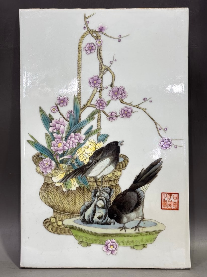 An Exquisite Famille-Rose Flower and Bird Pattern Porcelain Plate: An Exquisite Famille-Rose Flower and Bird Pattern Porcelain Plate,Republic of China,Size:10.8inx16.5in 粉彩花鸟纹瓷板,民国