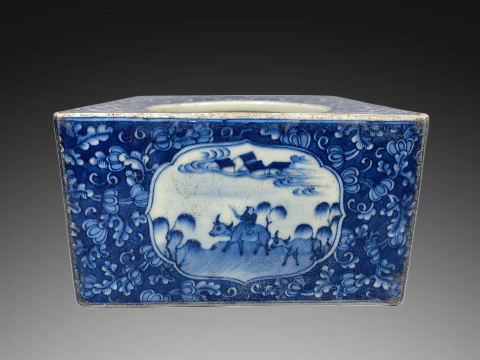 An Exquisite Blue and White Herding Cattle Pattern Brush Washer: An Exquisite Blue and White Herding Cattle Pattern Brush Washer,Qing Dynasty, China,Qianlong Six-character Mark,Size:4.2inx7.3in