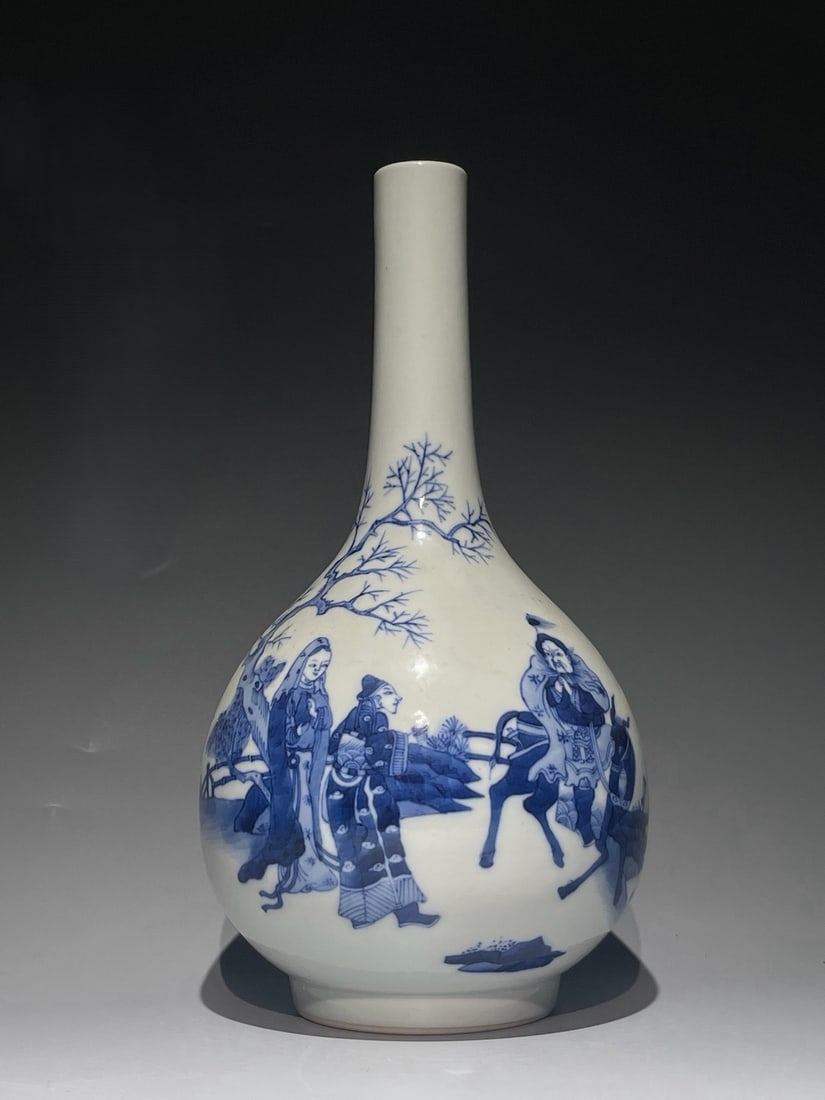 An Exquisite Blue and White Character and Story Pattern Vase: An Exquisite Blue and White Character and Story Pattern Vase,Qing Dynasty, China,Kangxi Six-character Mark,Size:10.8inx5.5in 青花人物故事纹瓶,中&#