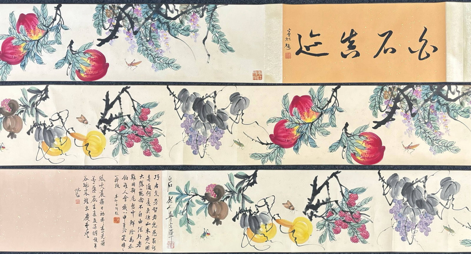 A Chinese Hand Scroll Ink Painting of Flowers and Fruits on Paper: A Chinese Hand Scroll Ink Painting of Flowers and Fruits on Paper,Modern Time of China,Qi Baishi,without frame size:96.5inx13.4in