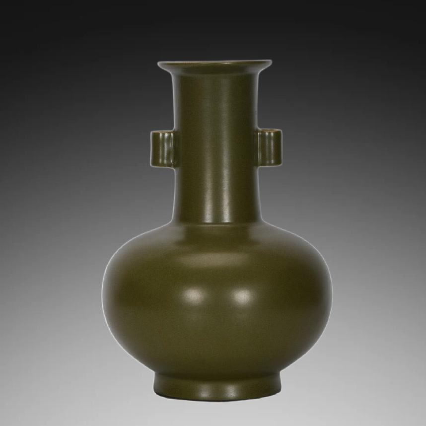 An Exquisite Teadust Glazed Tube Ears Vase: An Exquisite Teadust Glazed Tube Ears Vase,Qing Dynasty, China,Qianlong Six-character Mark,Size:11.8inx7.8in