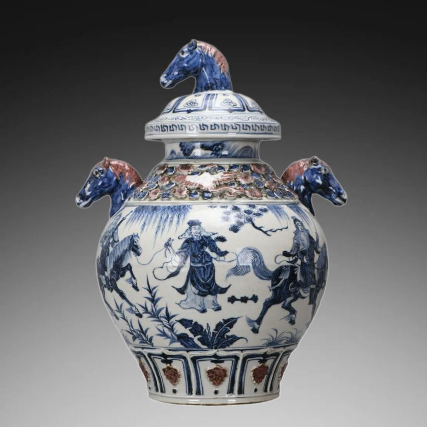 An Exquisite Blue and White Character and Story Pattern Horse-Ears Jar: An Exquisite Blue and White Character and Story Pattern Horse-Ears Jar,Yuan Dynasty, China,Size:18.9inx14.2inx6.7in
