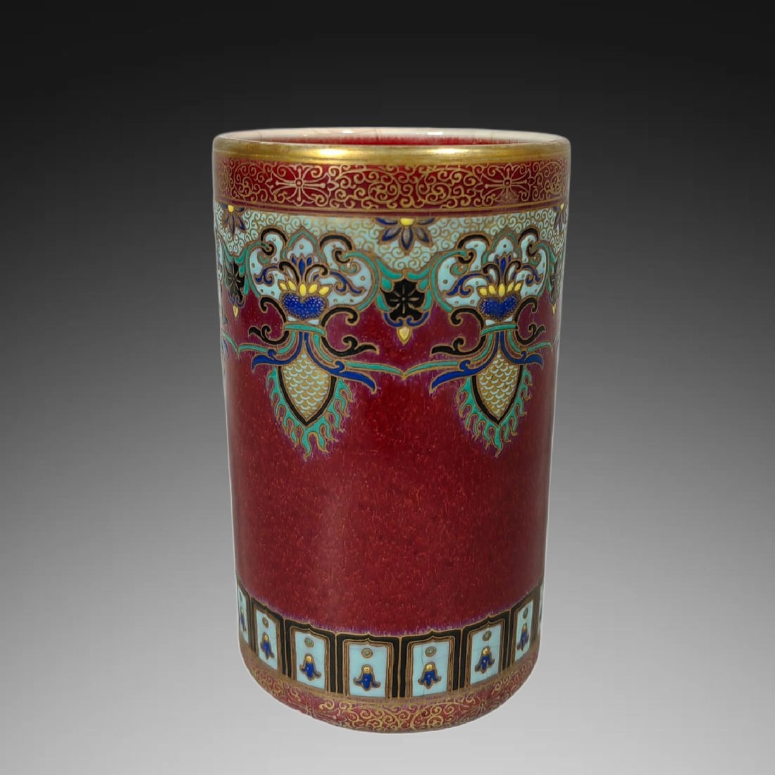 An Exquisite Ji Red Glazed Painted Gold Lotus Pattern Brush Pot: An Exquisite Ji Red Glazed Painted Gold Lotus Pattern Brush Pot,Qing Dynasty, China,Qianlong Four-character Mark,Size:4.9inx3.1in 霁红釉描金缠枝莲ಬ