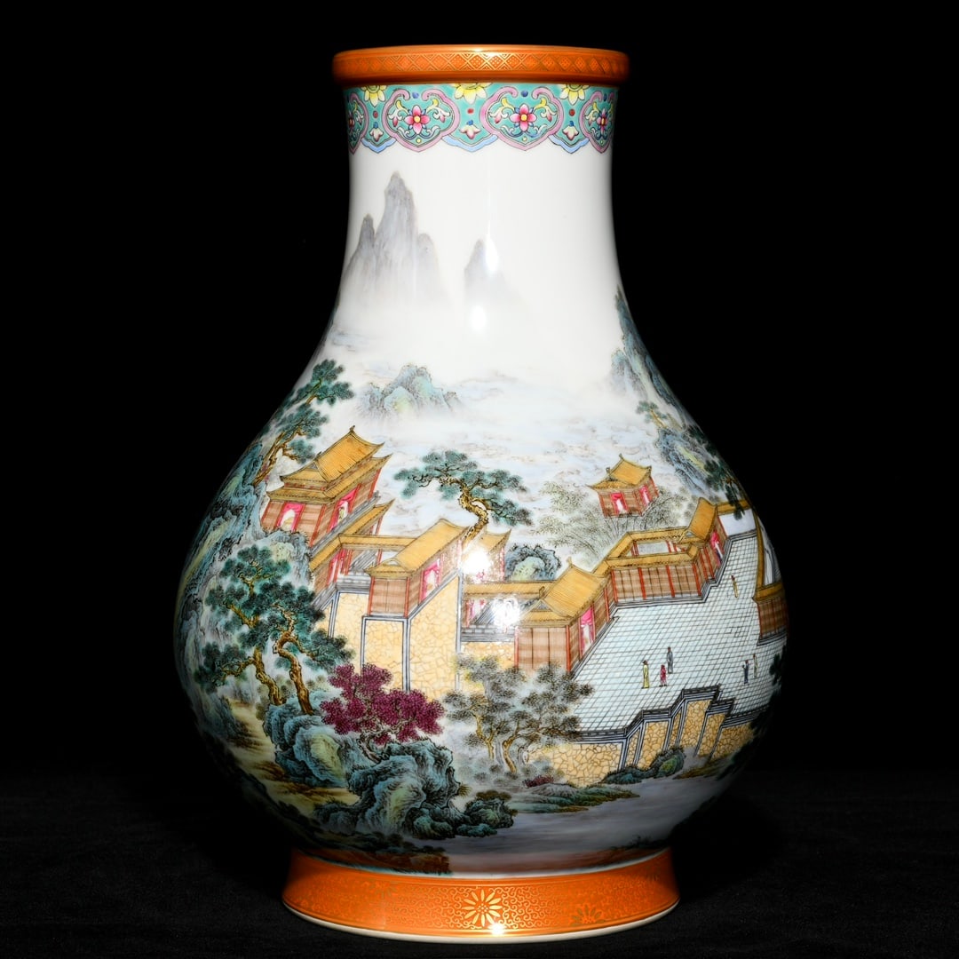 An Exquisite Famille-Rose Landscape Pattern Vase: An Exquisite Famille-Rose Landscape Pattern Vase,Qing Dynasty, China,Qianlong Four-character Mark,Size:10.6inx7.5in 粉彩山水纹瓶,中国清代,&#
