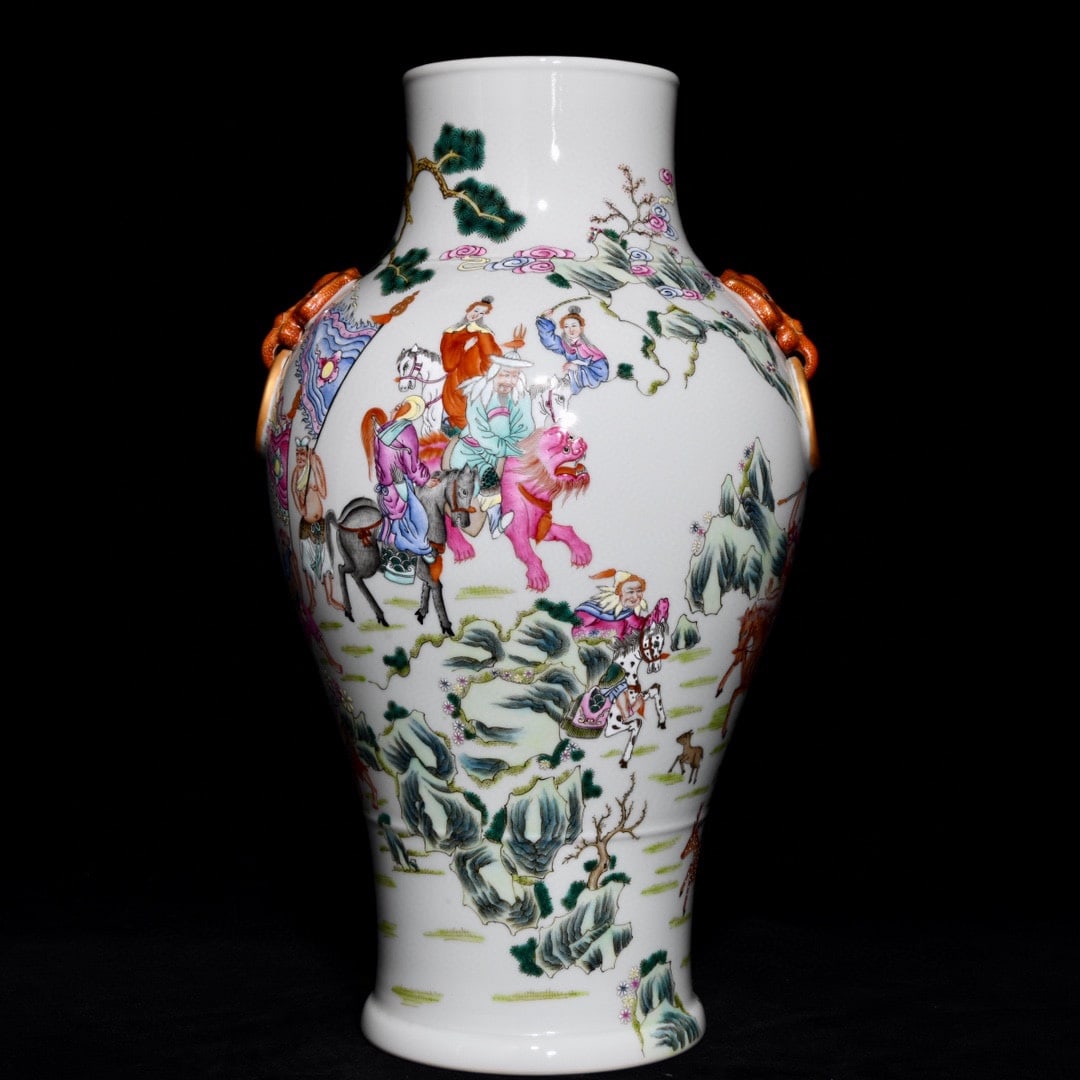 An Exquisite Famille-Rose Figures Pattern Elephant-Ears Vase: An Exquisite Famille-Rose Figures Pattern Elephant-Ears Vase,Qing Dynasty, China,Yongzheng Six-character Mark,Size:15.6inx8.1in 粉彩人物纹象耳瓶,中