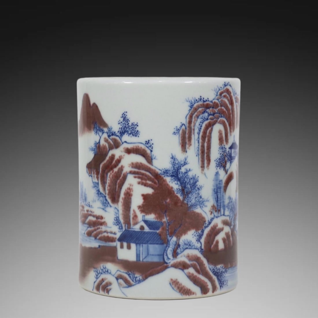 An Exquisite Blue and White Underglaze-Red Landscape Pattern Brush Pot: An Exquisite Blue and White Underglaze-Red Landscape Pattern Brush Pot,Qing Dynasty, China,Qianlong Six-character Mark,Size:4.9inx3.9in 青花釉里红山水纹