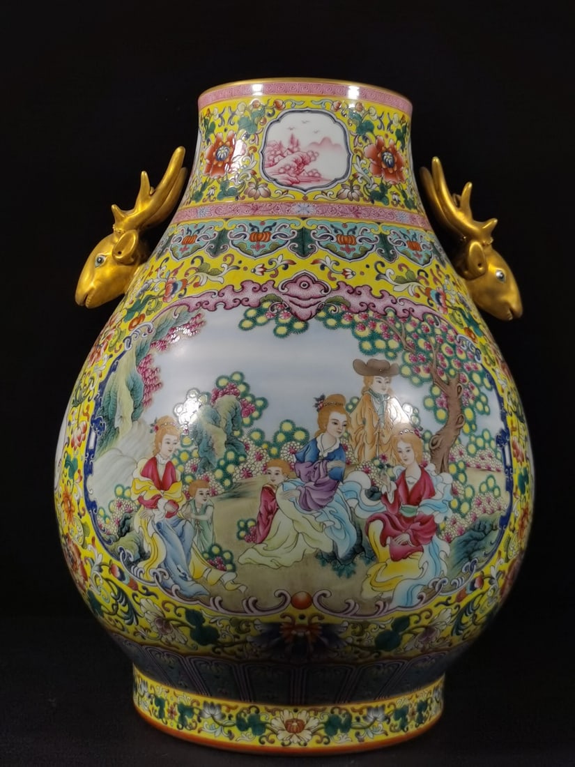 An Exquisite Famille-Rose Yellow Ground Character and Story Pattern Deer-Ears Vase: An Exquisite Famille-Rose Yellow Ground Character and Story Pattern Deer-Ears Vase,Qing Dynasty, China,Qianlong Six-character Mark,Size:19.3inx13.8in 粉彩黄地人物&#