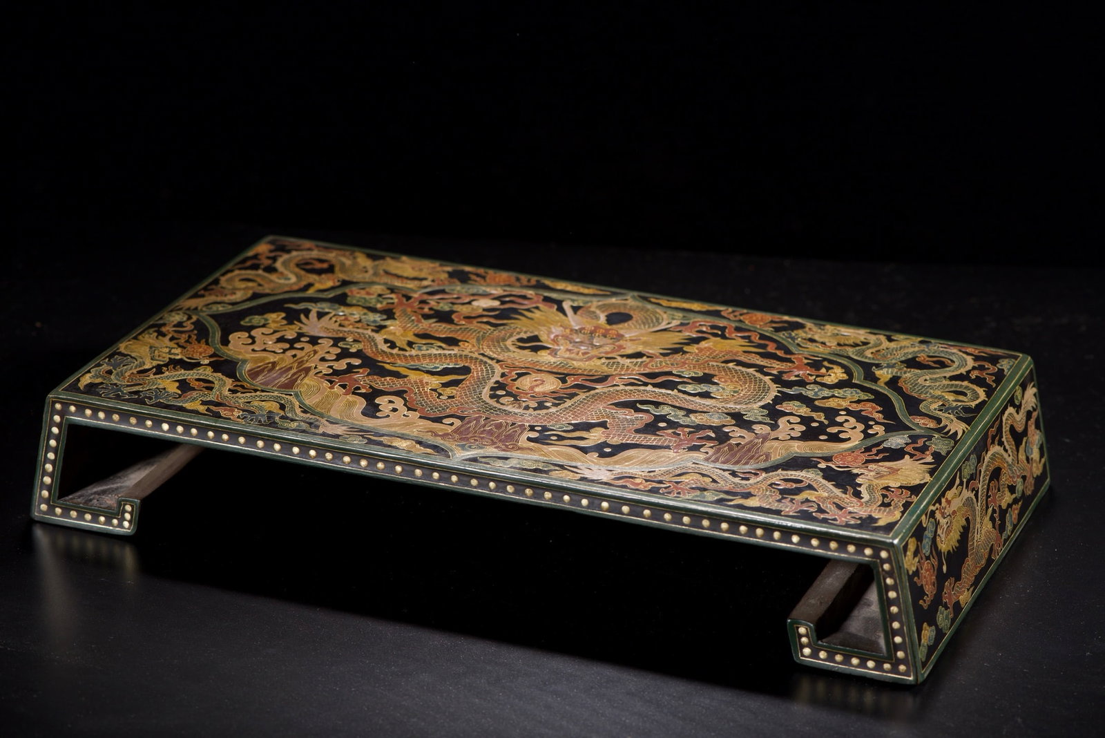 A Huge Wooden Lacquerware Painted Gold Dragon Pattern Scroll-foot Stand: A Huge Wooden Lacquerware Painted Gold Dragon Pattern Scroll-foot Stand,Qing Dynasty,China,With Mark,Size:2.6inx16.5inx9.1in,Weight:1000g木胎漆器描金龙纹