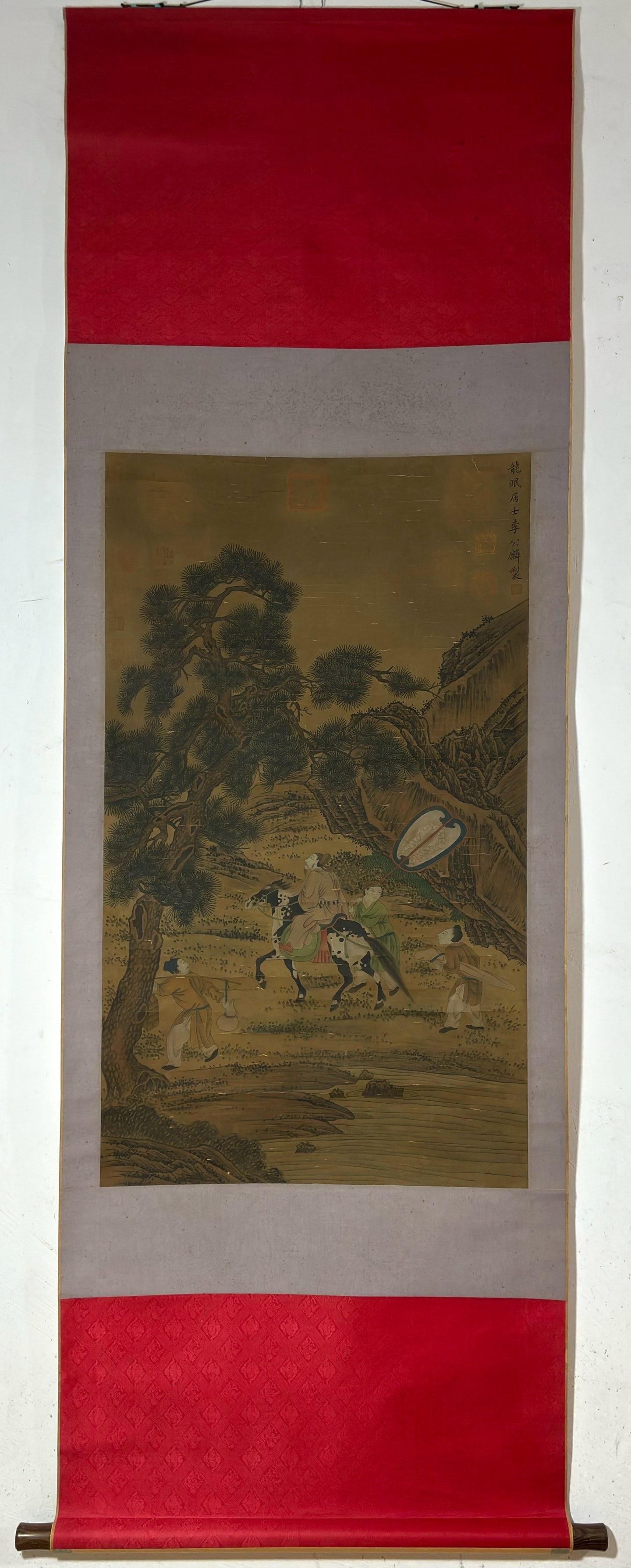 A Chinese Vertical Scroll Ink Painting of Landscape and Figure on Silk,Li Gonglin: A Chinese Vertical Scroll Ink Painting of Landscape and Figure on Silk,Li Gonglin,Size:(Without frame)38.2inx22in一幅中国水墨绢本山水人