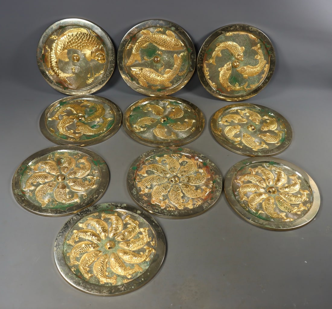 A Set of Fine Gilt Bronze Fish Pattern Mirrors: A Set of Fine Gilt Bronze Fish Pattern Mirrors,the Warring States period in China,Size:0.6inx8.5in,Total