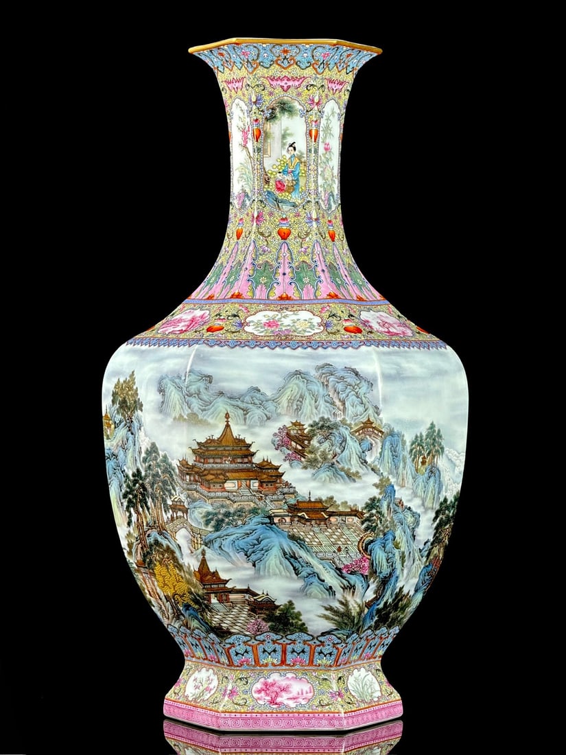 A Huge Famille-Rose Painted Gold Landscape and Figure Pattern Vase: A Huge Famille-Rose Painted Gold Landscape and Figure Pattern Vase,Qing Dynasty,China,Qianlong Four-character Mark,Size:25.2inx13.8inx9in粉彩描金山水人物