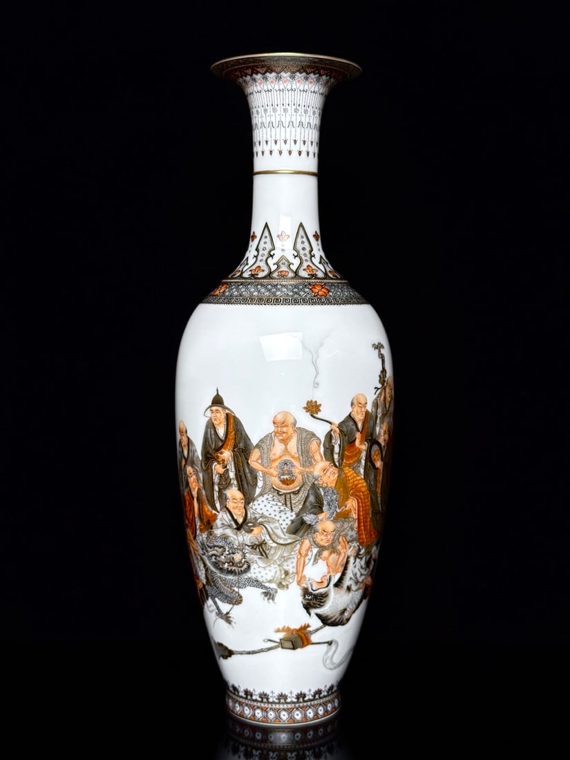 A Rare Ink Color Famille-Rose Painted Gold Figure Pattern Vase,With Poem: A Rare Ink Color Famille-Rose Painted Gold Figure Pattern Vase,With Poem,Qing Dynasty,China,With Mark,Size:13.9inx4.8inx2.6in墨彩粉彩描金人物纹