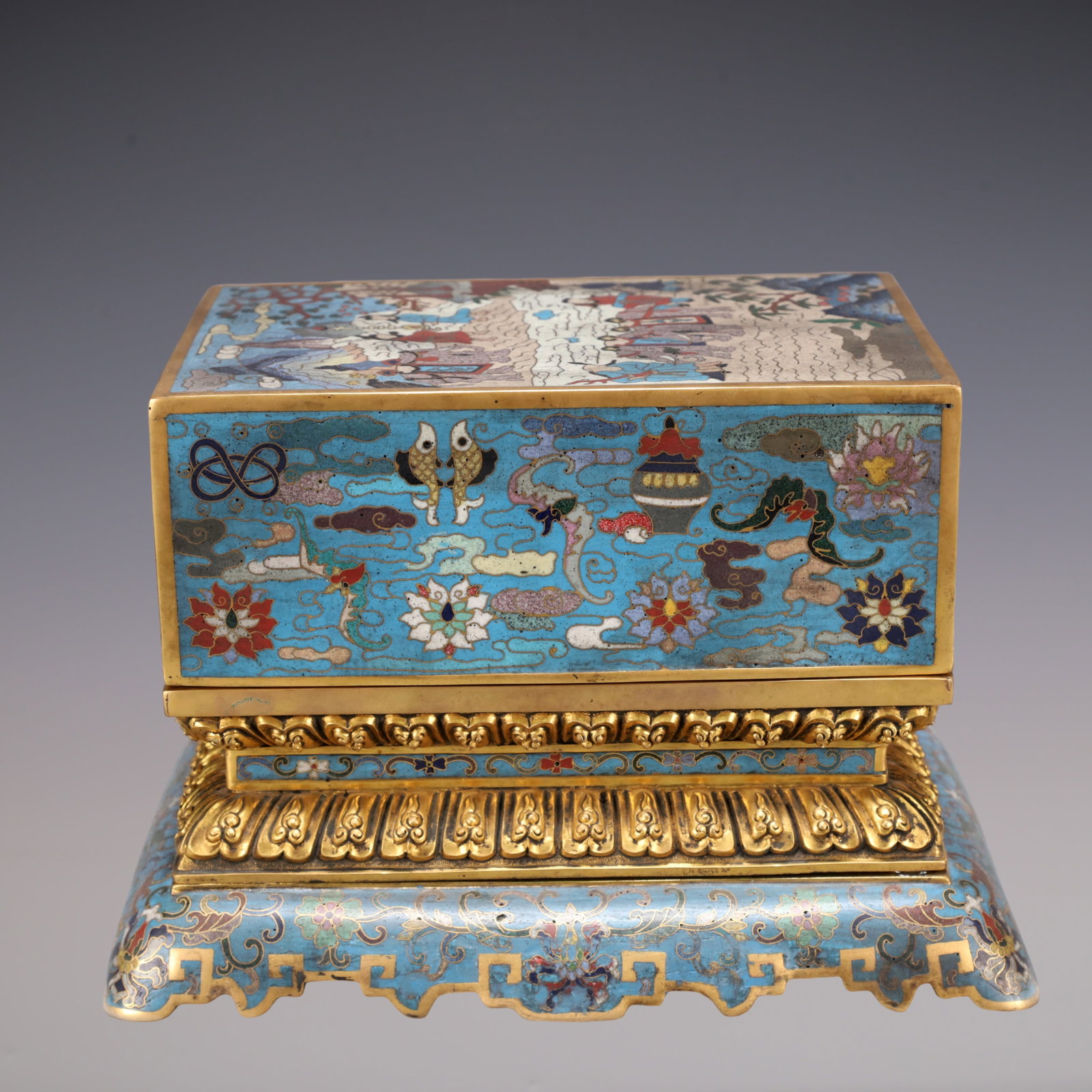 A Exquisite Cloisonne Eight Treasures Pattern Landscape and Figure Pattern Box: A Exquisite Cloisonne Eight Treasures Pattern Landscape and Figure Pattern Box Qing Dynasty, China Size:9.4inx7.3inx6.3in