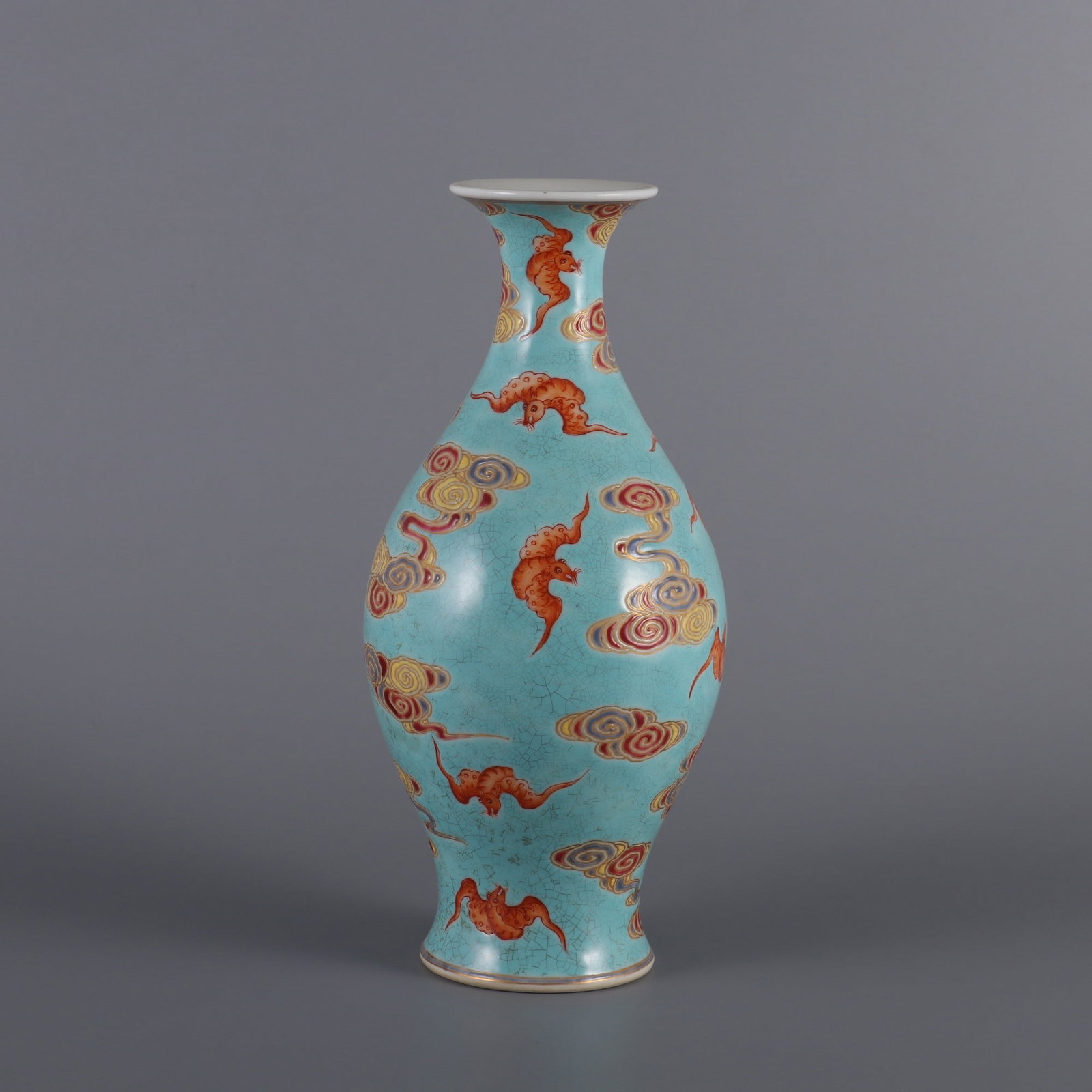 An Exquisite Turquoise Ground Enamel Auspicious Cloud and Bats Pattern Vase: An Exquisite Turquoise Ground Enamel Auspicious Cloud and Bats Pattern Vase,Qing Dynasty, China,Yongzheng Six-character