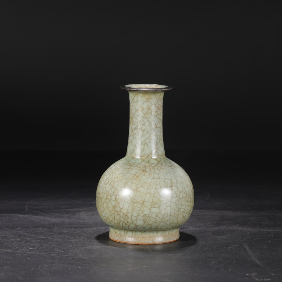 An Exquisite Guan yao Celadon Glazed Cover with Silver Vase,With an Imperial Poem by Emperor: An Exquisite Guan yao Celadon Glazed Cover with Silver Vase,With an Imperial Poem by Emperor Qianlong,Song Dynasty, China,Size:8.7inx3inx4.9in官窑青釉银口瓶,&