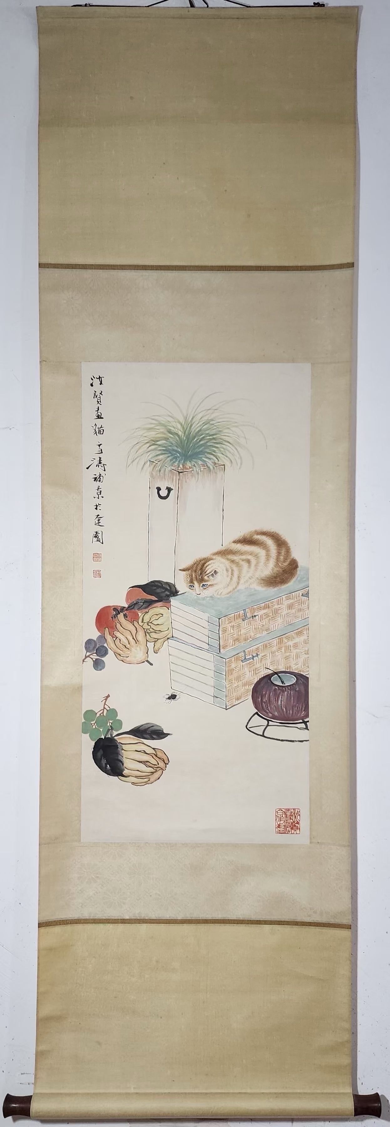 A Chinese Vertical Scroll Ink Painting of Cat and Fruit on Paper,Wang Xuetao&Cao Kejia: A Chinese Vertical Scroll Ink Painting of Cat and Fruit on Paper,Wang Xuetao&Cao Kejia,Size:(Without frame)33.3inx15.9in一幅中国水墨猫果图立
