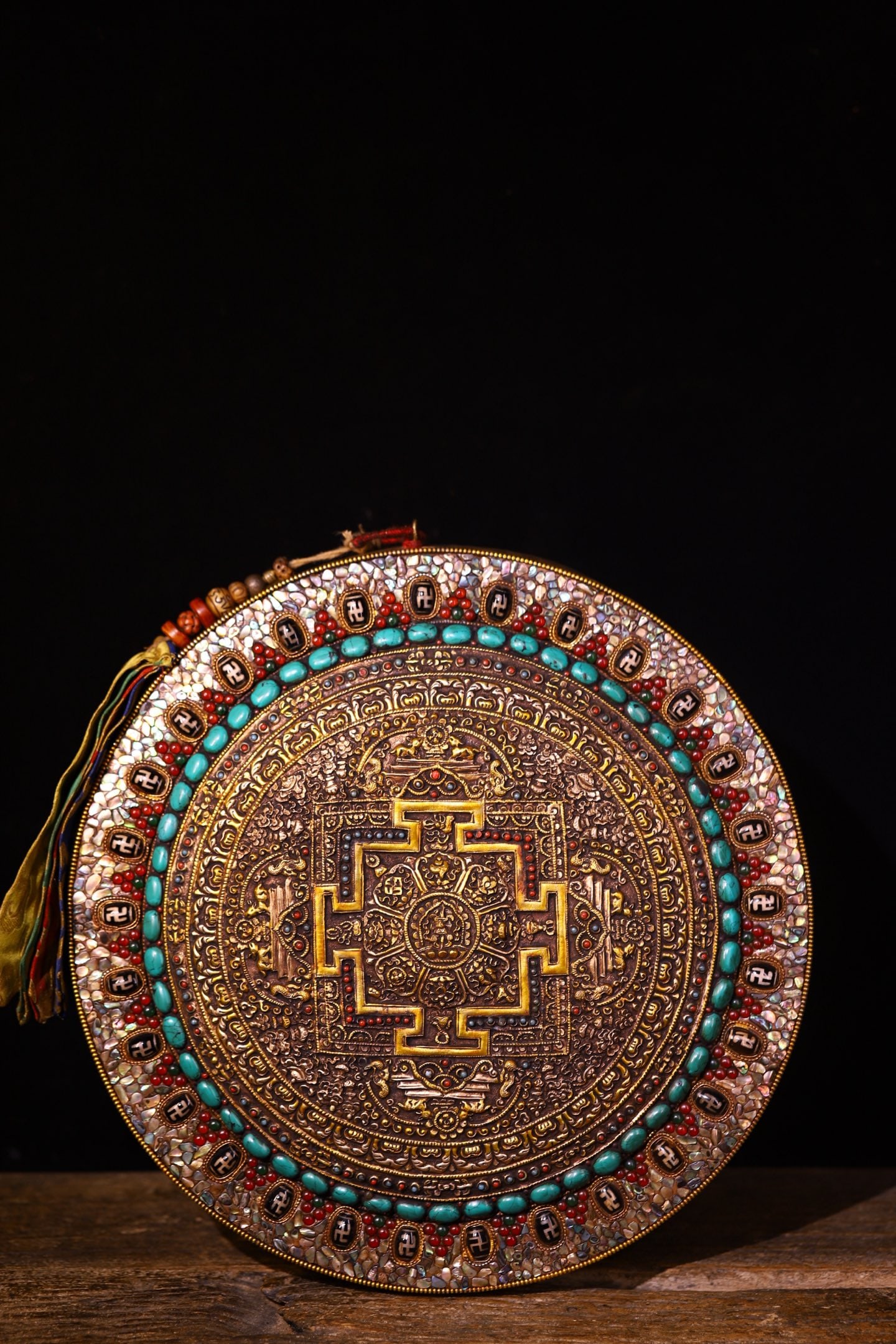 A Rare Silver Inlaid Gems and Dzi Bead Tangka (1 of 9)