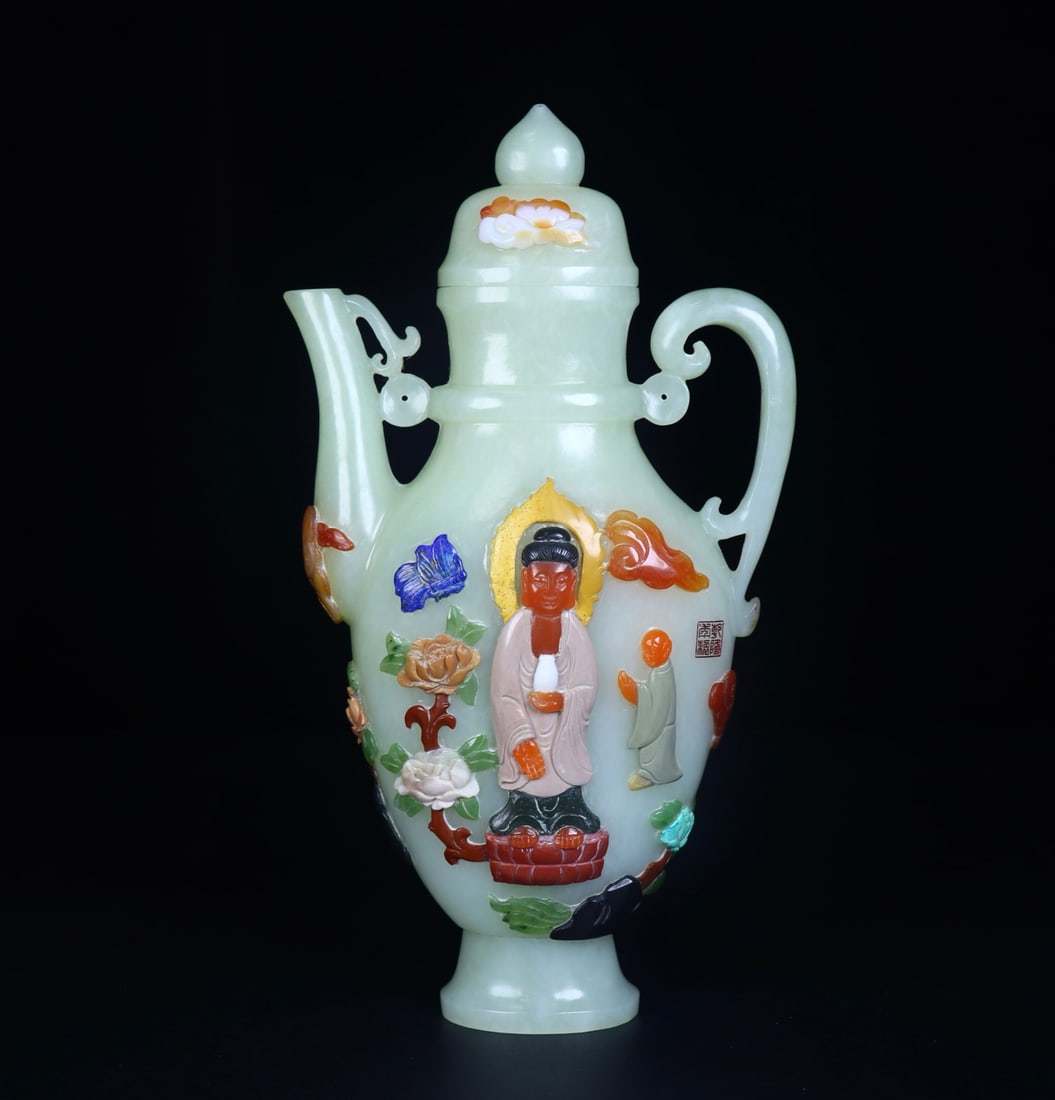 An Exquisite White Jade Inlaid Gems Figure Pattern Ewer: An Exquisite White Jade Inlaid Gems Figure Pattern Ewer,Qing Dynasty,China,Qianlong Four-character Mark,Size:2inx4.3inx7.9in,Weight:456g白玉镶百宝人物纹