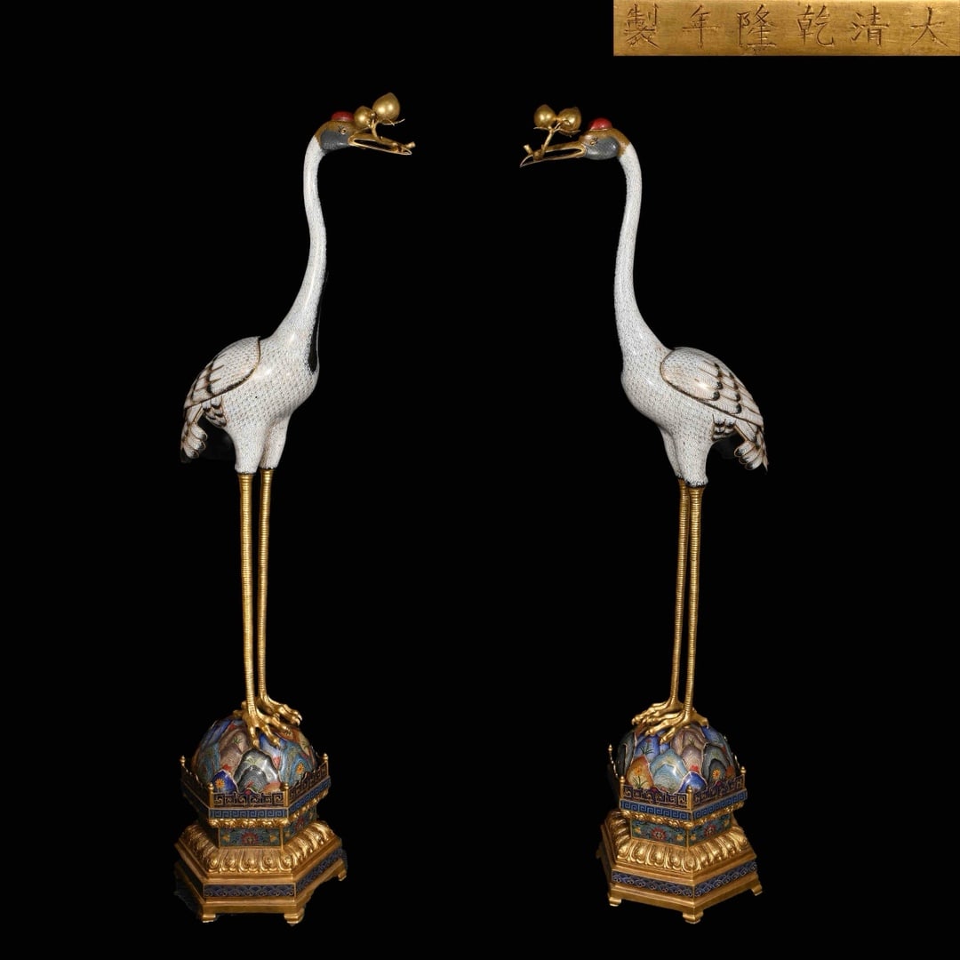 An Exquisite Cloisonne Lotus Pattern Seawater Pattern Crane Ornament: An Exquisite Cloisonne Lotus Pattern Seawater Pattern Crane Ornament Qing Dynasty, China Qianlong Six-character Mark Size:63inx15in Weight:52kg景泰蓝仙鹤祝寿 