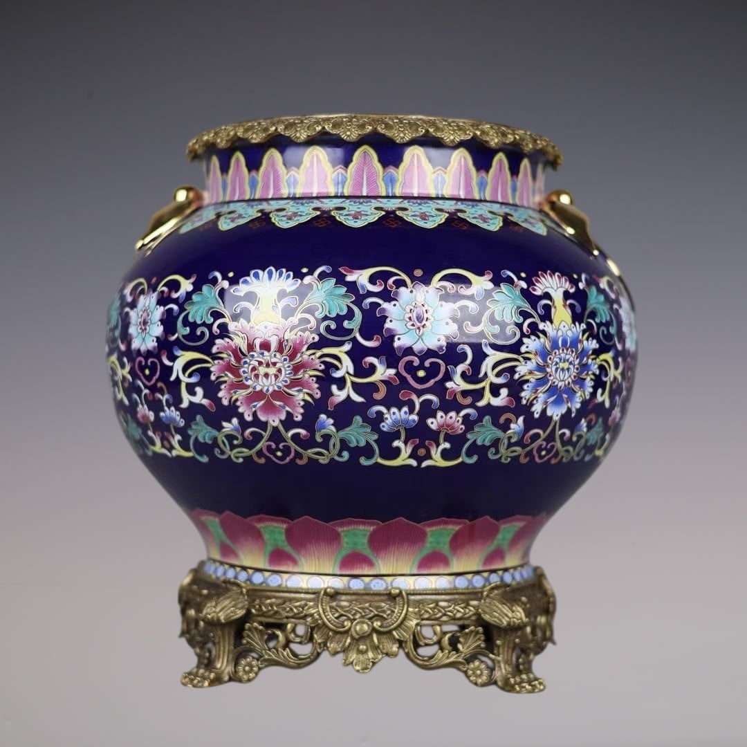 A Rare Ji Blue Glazed Famille-Rose Lotus Pattern Swallow-Ears Vat: A Rare Ji Blue Glazed Famille-Rose Lotus Pattern Swallow-Ears Vat,Qing Dynasty,China,Qianlong Four-character