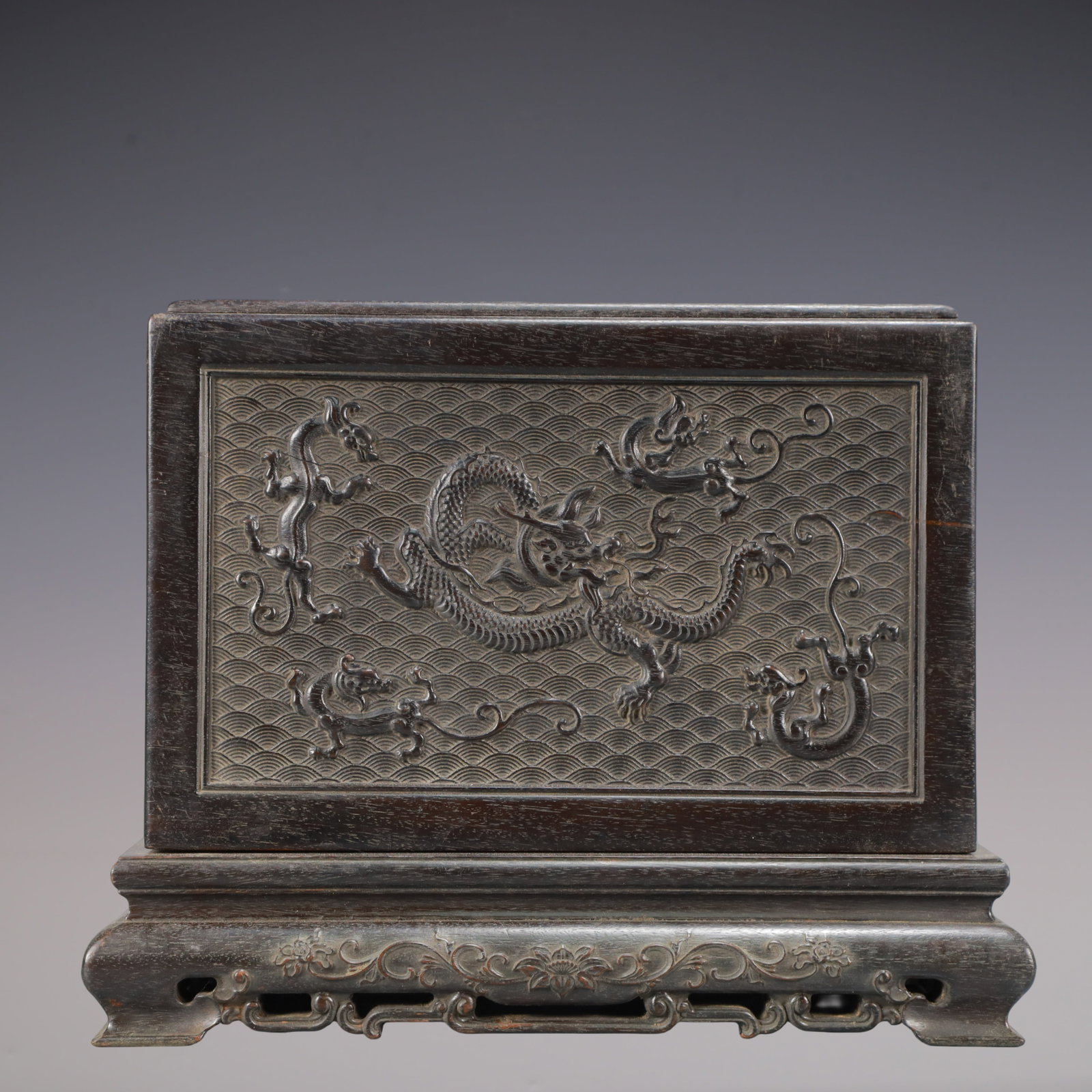 A Exquisite Zitanwood Dragon Pattern Lotus Pattern with poem Box: A Exquisite Zitanwood Dragon Pattern Lotus Pattern with poem Box Qing Dynasty, China Size:9.5inx9.5inx7.8in