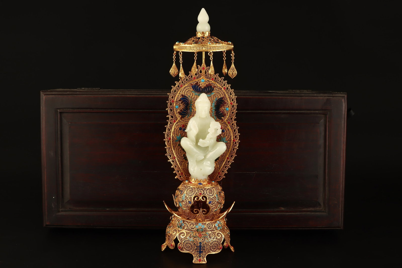 A Huge Filigree and Gilding Inlaid White Jade Buddha Statue Ornament,Inlaid Gems: A Huge Filigree and Gilding Inlaid White Jade Buddha Statue Ornament,Inlaid Gems,Qing Dynasty,China,Qianlong Four-character Mark,Size:16.5inx4.7in,(Buddha