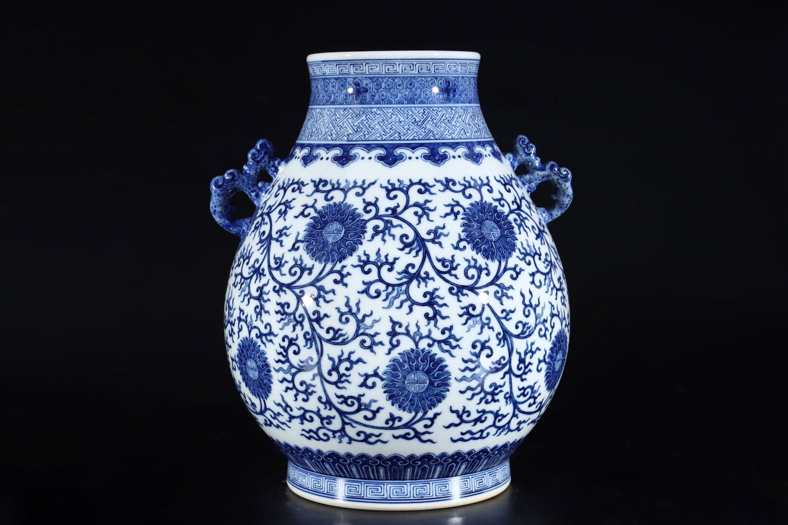 A Rare Blue and White Lotus Pattern Double-Ears Vase: A Rare Blue and White Lotus Pattern Double-Ears Vase,Qing Dynasty, China,Qianlong Six-character