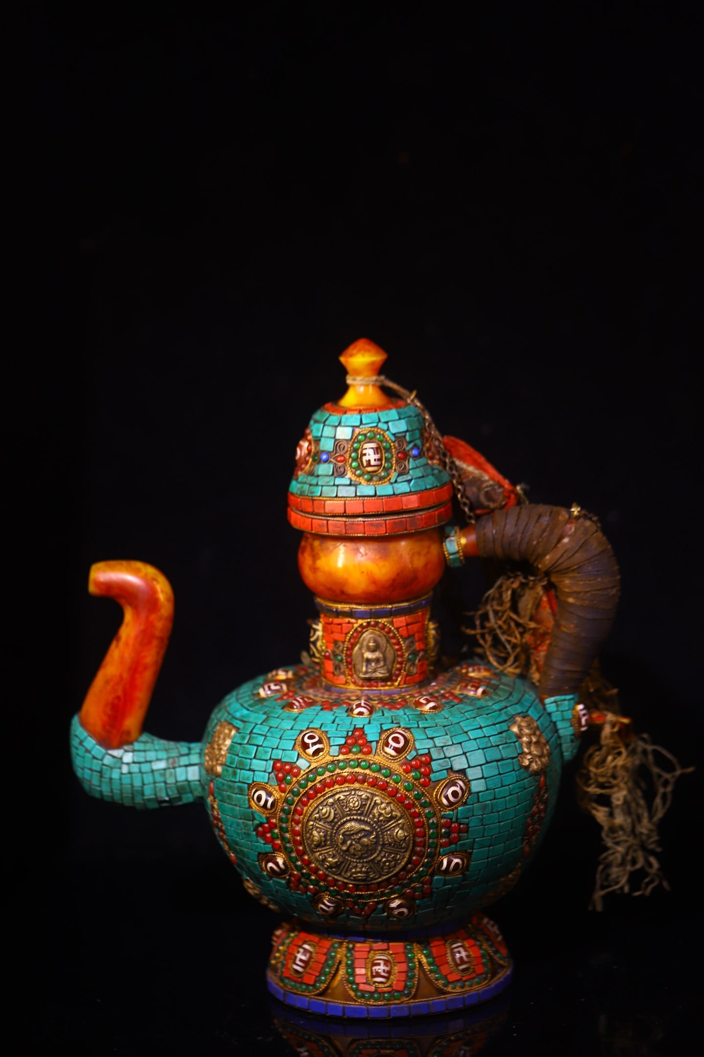 A Rare Beeswax Inlaid Dzi Bead and Turquoise Teapot (1 of 9)