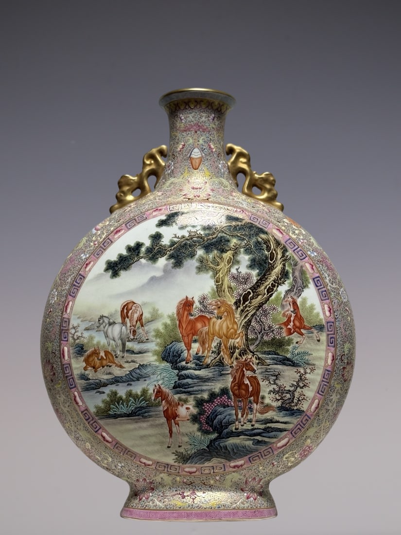 A Huge Enamel Turquoise Ground Painted Gold Buffalo and Horse Pattern Dragon-Ears Vase: A Huge Enamel Turquoise Ground Painted Gold Buffalo and Horse Pattern Dragon-Ears Vase,Qing Dynasty, China,Qianlong Six-character Mark,Size:22.2inx16.5in珐琅彩松石绿