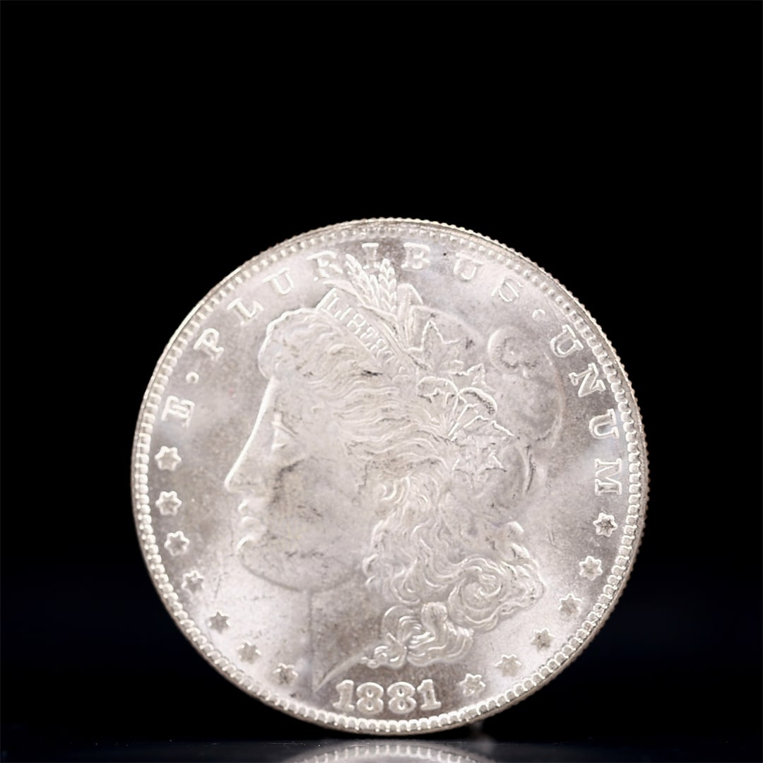 USA Morgan Dollar 1881 Coin: Obv: profile bust with date below and E PLURIBUS UNUM legend and stars around. Rev: eagle with In God we trust above within wreath with UNITED STATES OF AMERICA ONE DOLLAR legend. IN GOD WE TRUST / LI