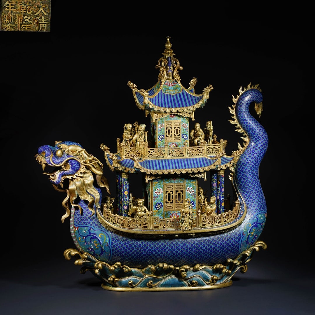 An Exquisite Cloisonne Lotus Pattern Figure Pattern Ornament: An Exquisite Cloisonne Lotus Pattern Figure Pattern Ornament Qing Dynasty, China Qianlong Six-character Mark Size:24.4inx8.7inx23.6in Weight:41kg景泰蓝仙人乘槎