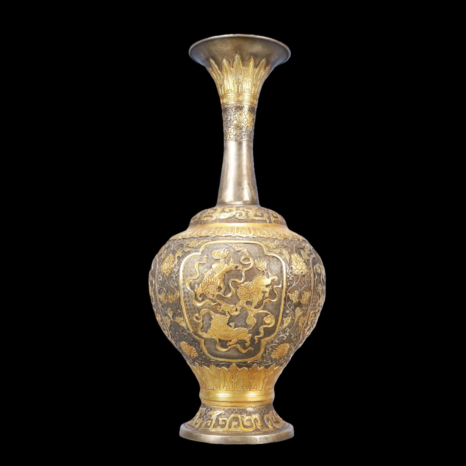 A Exquisite Gilt Silver Lotus Pattern Auspicious Beast Pattern Vase - 6