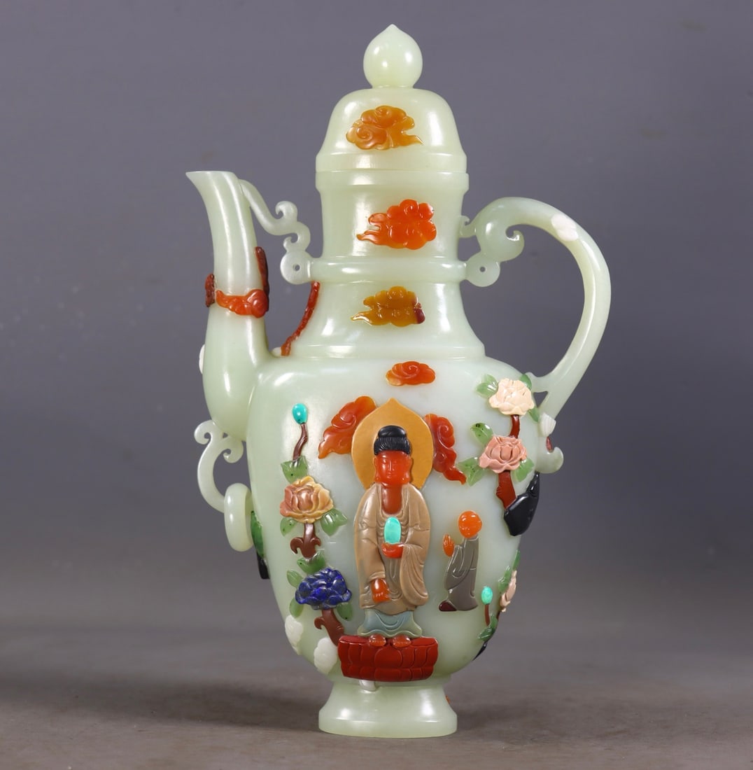 An Exquisite White Jade Inlaid Gems Figure Pattern Ewer: An Exquisite White Jade Inlaid Gems Figure Pattern Ewer,Qing