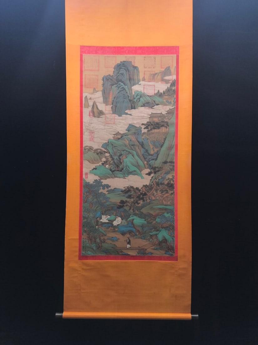 A Chinese Vertical Scroll Ink Painting of Landscape and Figure on Silk,Han Yu: A Chinese Vertical Scroll Ink Painting of Landscape and Figure on Silk,Han Yu,Size:(Without