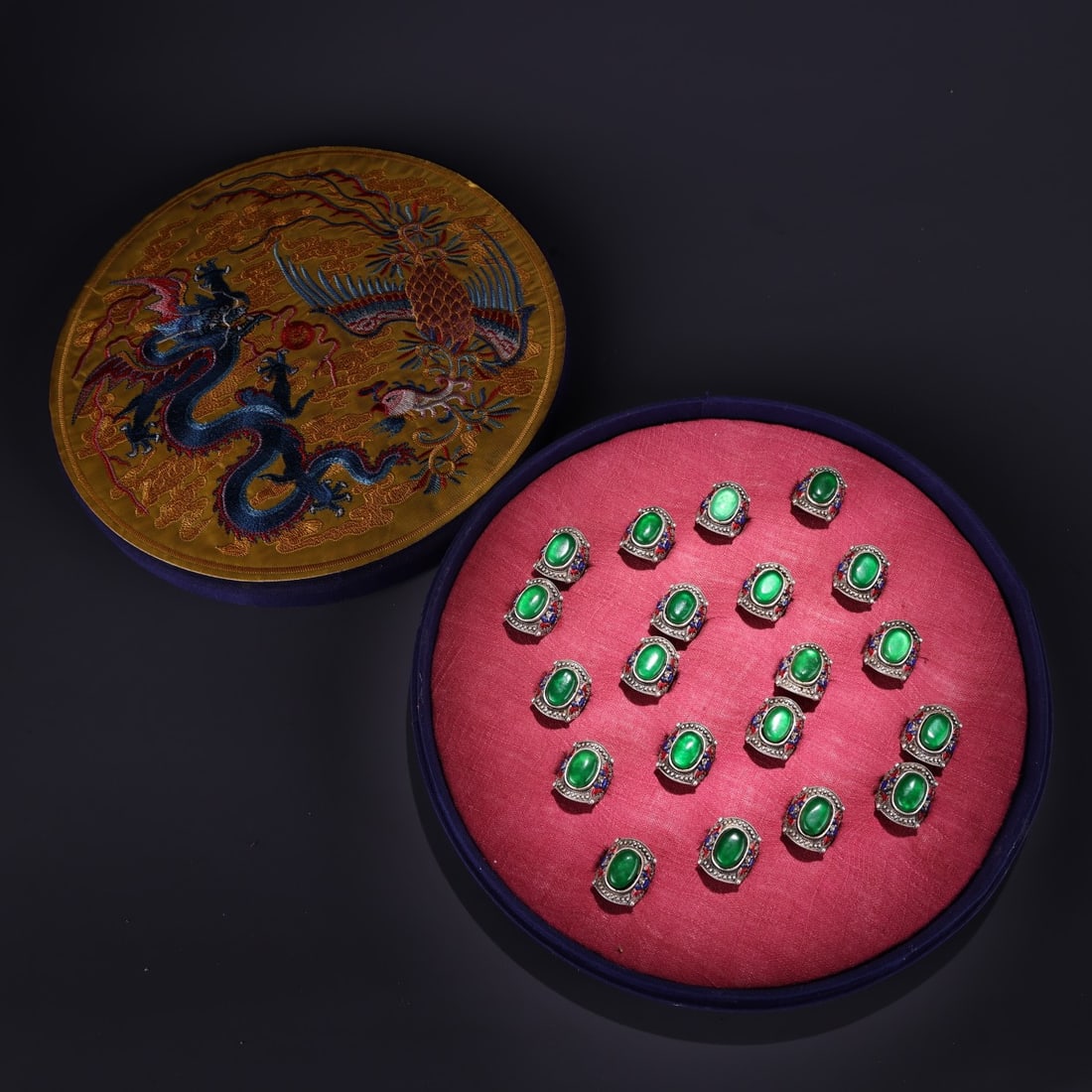 A Set of Fine Silver Inlaid Jadeite Painted Color Bats Pattern Rings,With Embroidery Box (1 of 9)