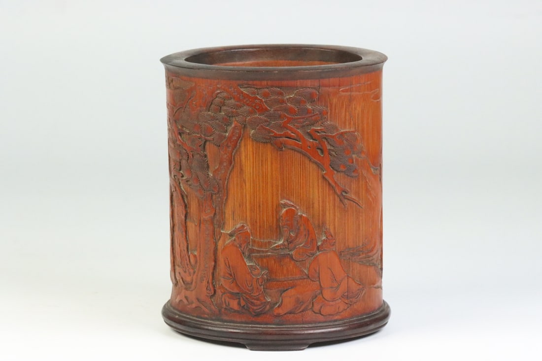 An Exquisite Bamboo Character and Story Pattern Tripod Brush Pot,With Poem (1 of 9)