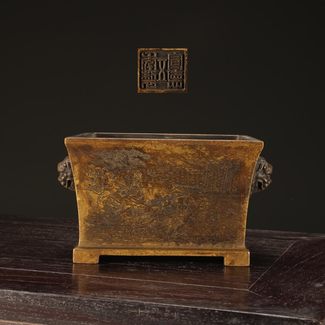An Exquisite Bronze Character and Story Pattern Lion-head Four Legs Censer,With Poem: An Exquisite Bronze Character and Story Pattern Lion-head Four Legs Censer,With Poem,Ming Dynasty,China,With Mark,Size:3.9inx6inx7.4in,Weight:2850g铜人物故事纹Ħ