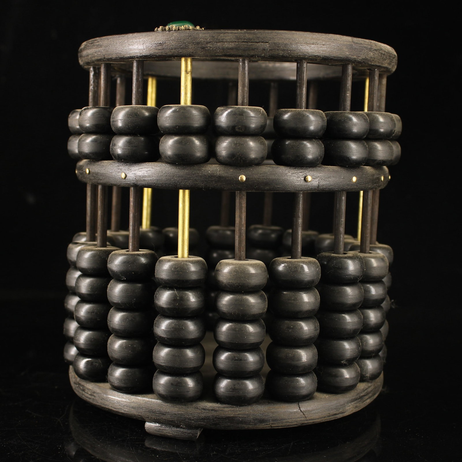 An Exquisite Wood Inlaid Gems Brush Pot Abacus: An Exquisite Wood Inlaid Gems Brush Pot Abacus,Qing Dynasty,China,Size:7.5inx6.7in,Weight:1235g木头镶宝石笔筒算盘，中国清&